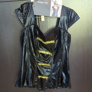 Women's Pirate Black Corset Top with Gold Accents,Hat, Choker - Size L 12-14 NWT